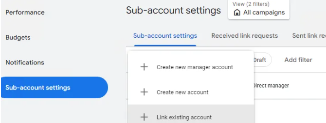 Google MCC关联Google Ads子账号操作界面